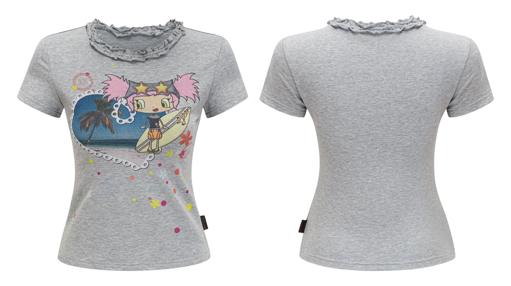 SassyLove 25SS Lace Collar "Island Babe" Print Graphic T-shirt