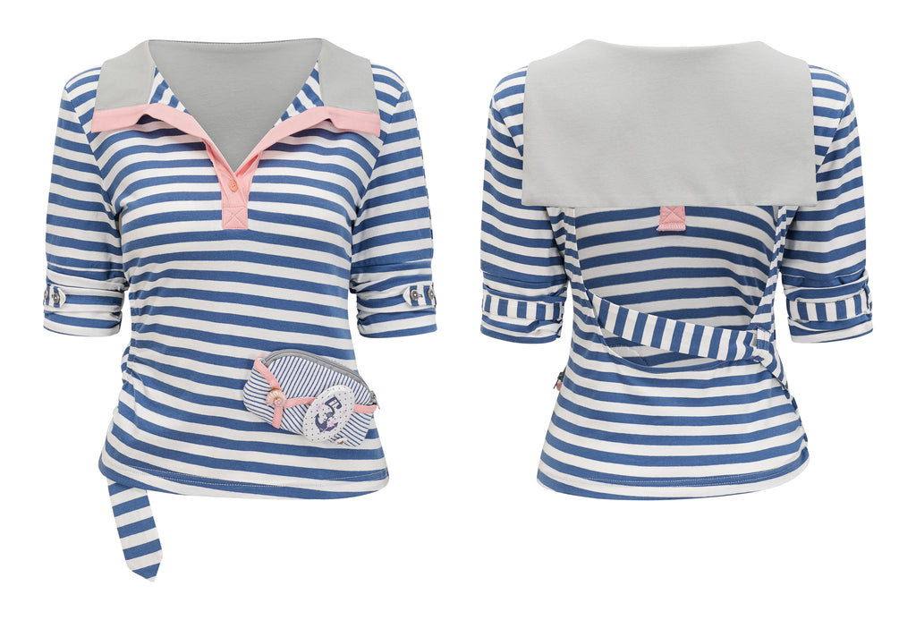 SassyLove 25SS Navy Blue Sailor Collar Cut-Out T-shirt