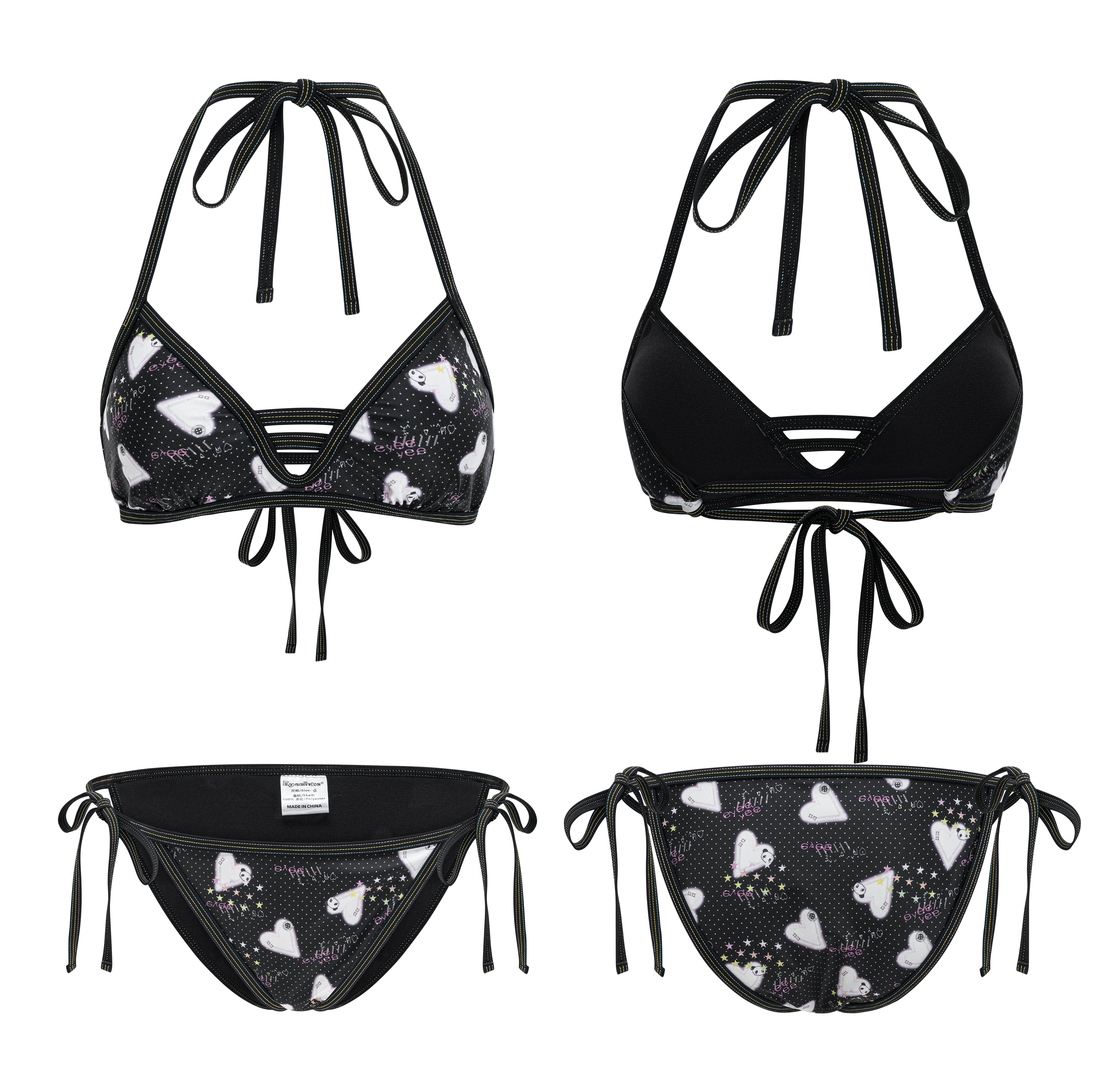 SassyLove 25SS Red Panda & Hearts Print Lace-Up Bikini Set