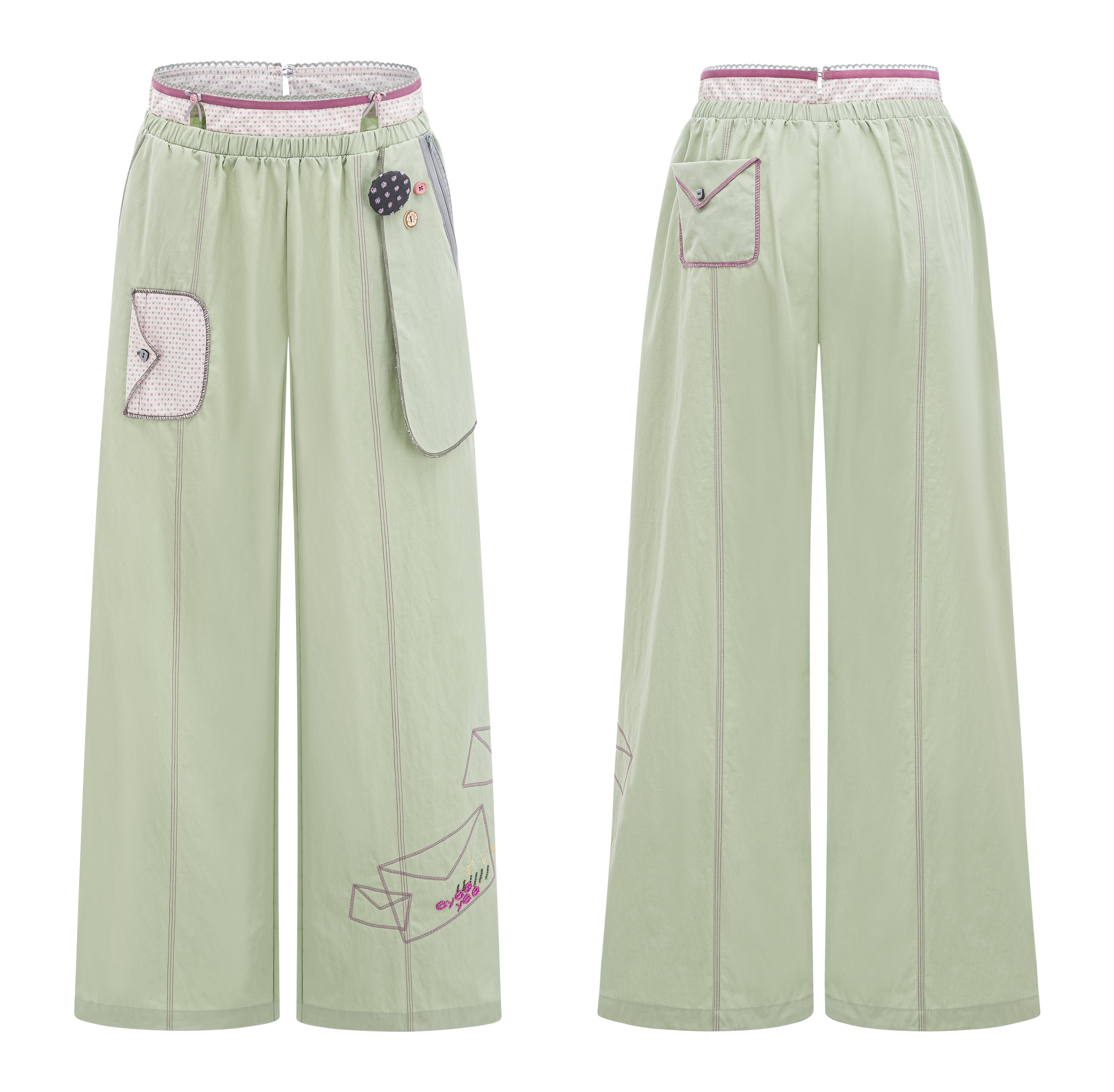 SassyLove 25SS Double-Waist Bead Embroidery Wide-Leg Pants