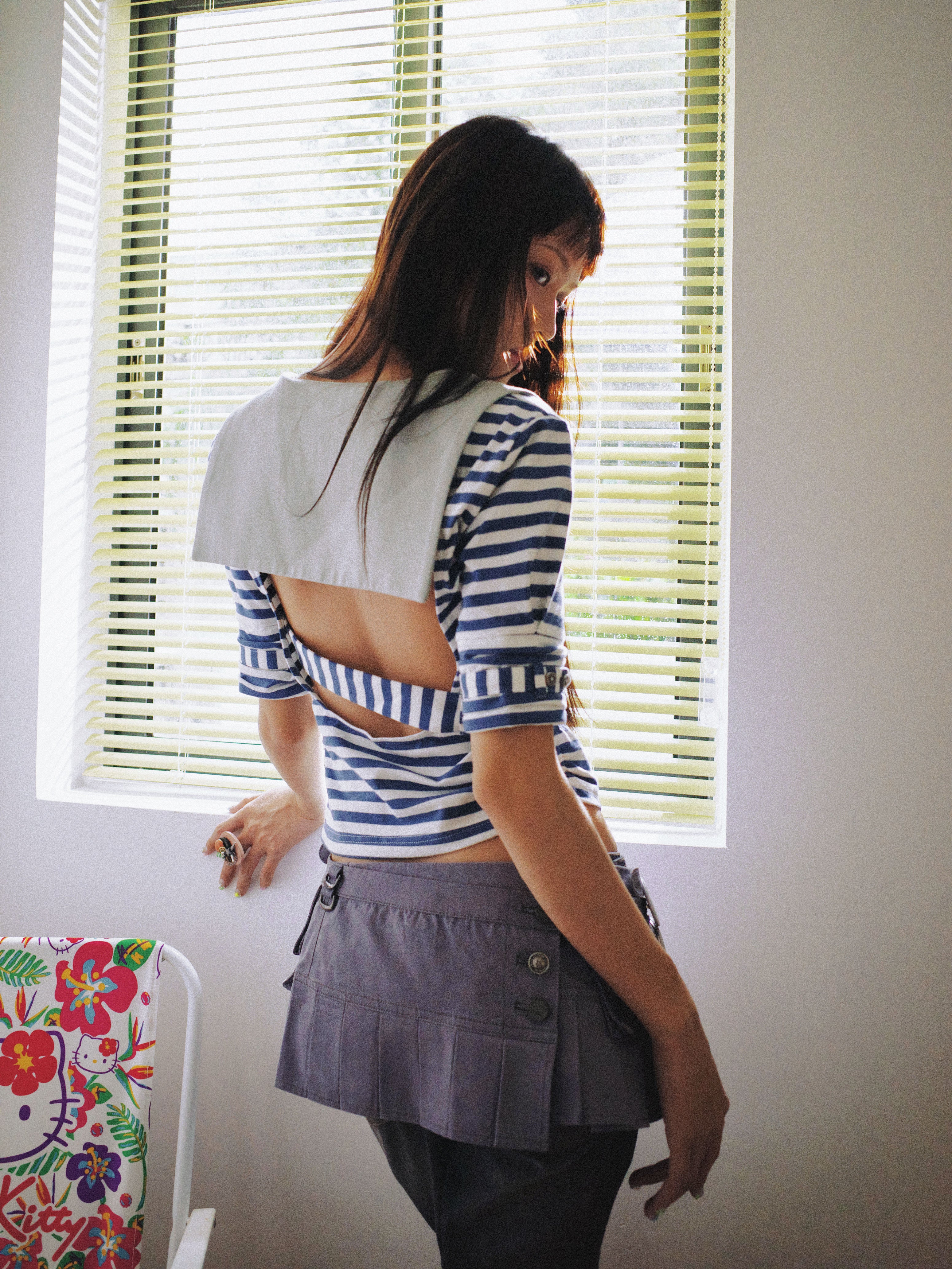 SassyLove 25SS Navy Blue Sailor Collar Cut-Out T-shirt