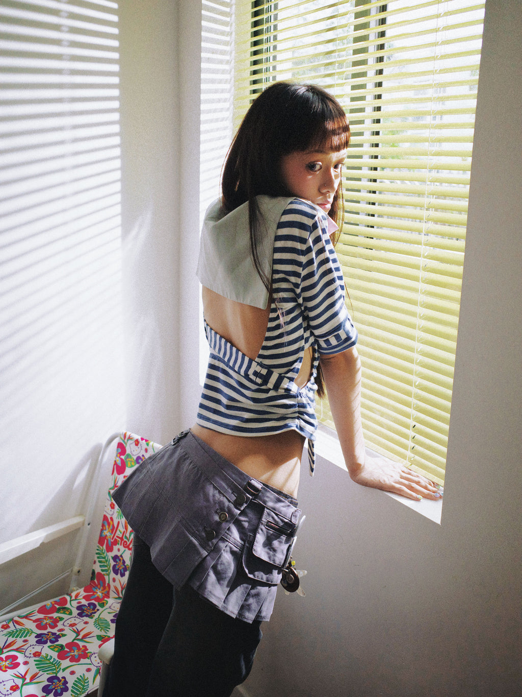 SassyLove 25SS Navy Blue Sailor Collar Cut-Out T-shirt