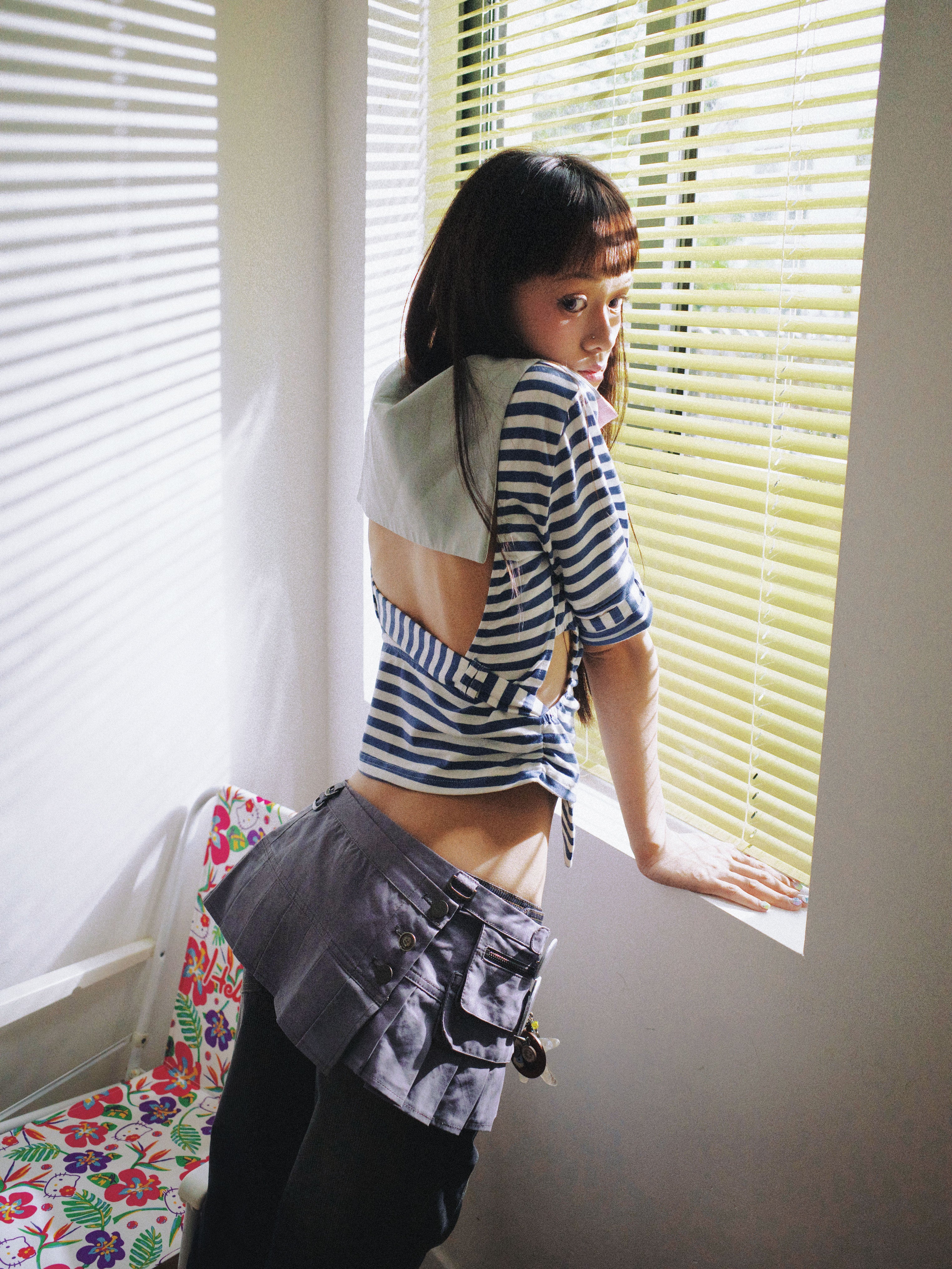 SassyLove 25SS Navy Blue Sailor Collar Cut-Out T-shirt