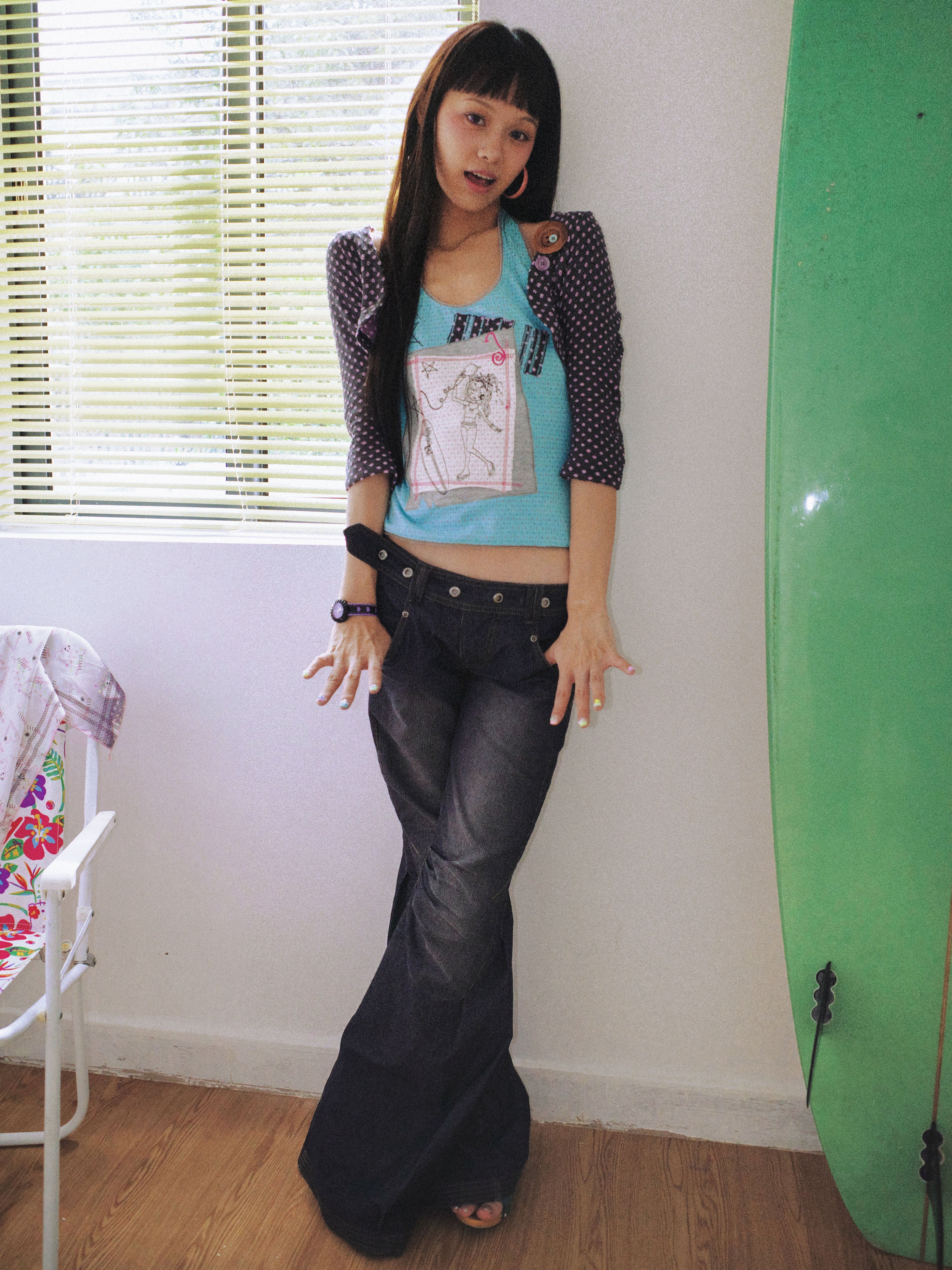 SassyLove 25SS Polka Dot Cropped Cardigan with Button