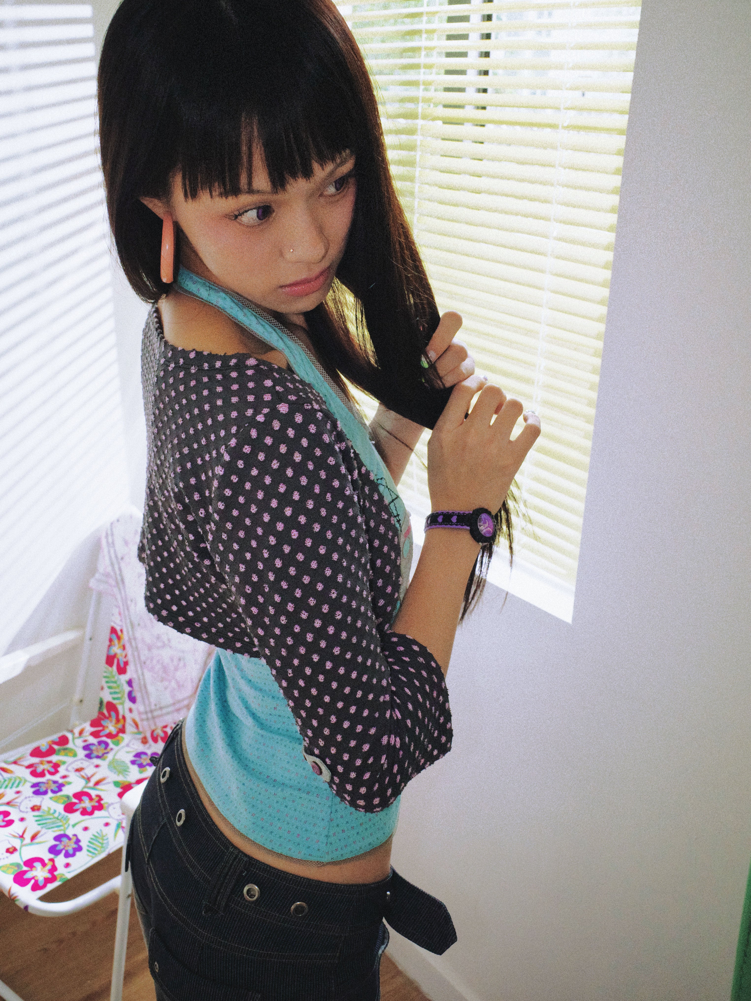 SassyLove 25SS Polka Dot Cropped Cardigan with Button