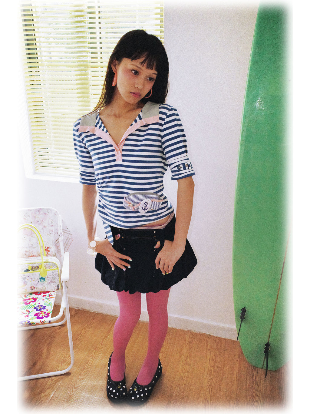 SassyLove 25SS Navy Topstitched Flouncy Bloomer Short Skirt