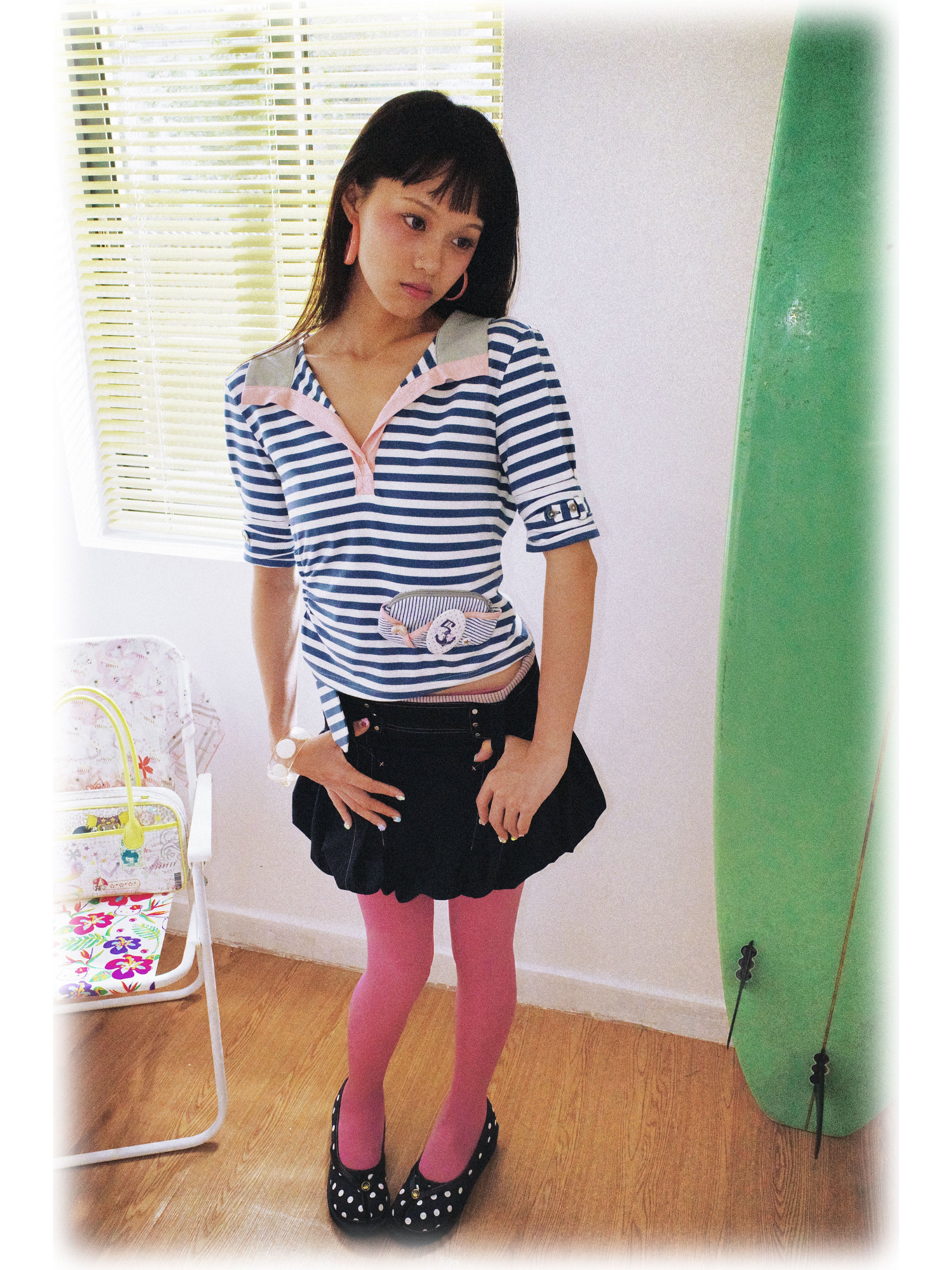 SassyLove 25SS Navy Topstitched Flouncy Bloomer Short Skirt