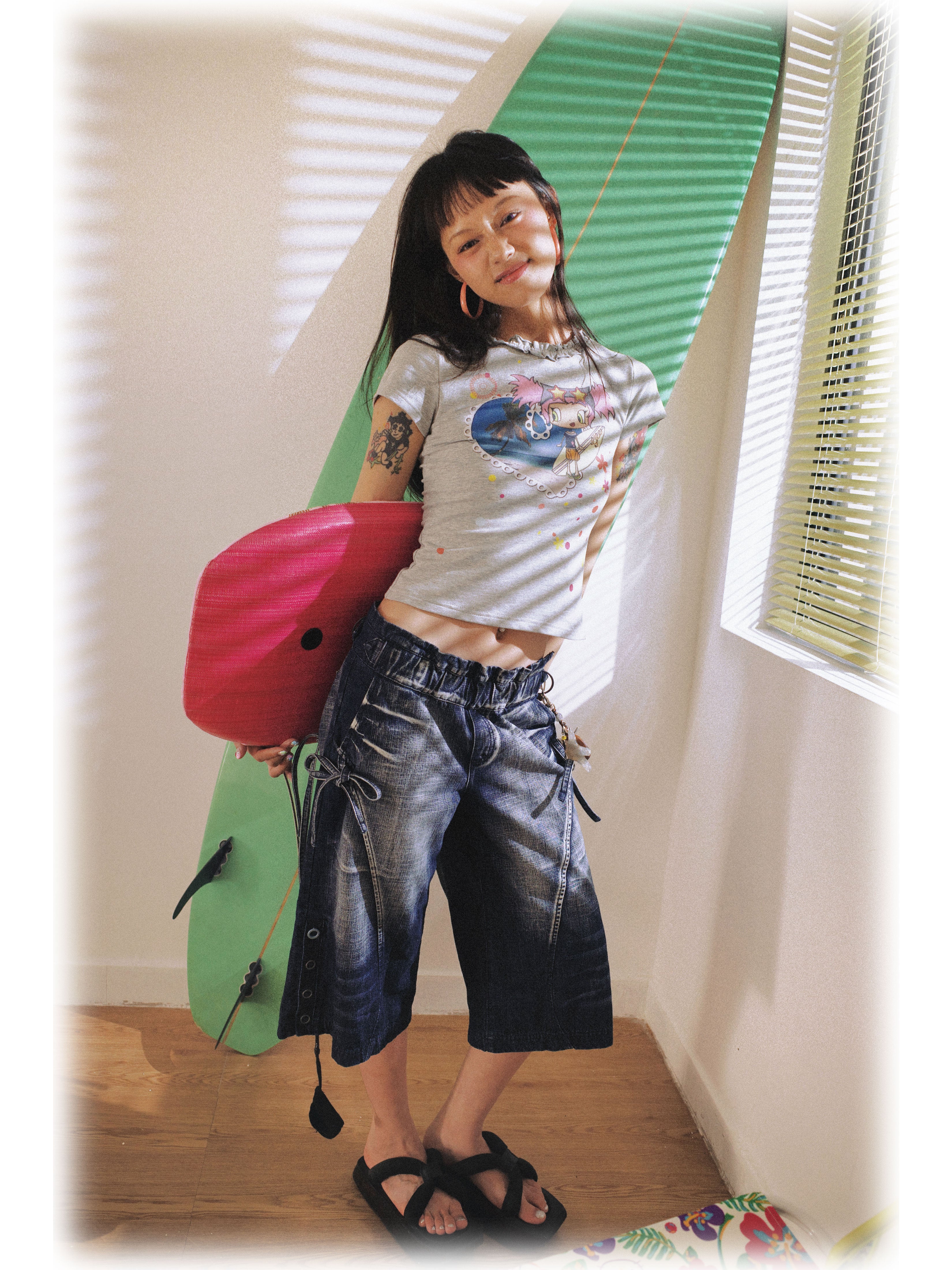 SassyLove 25SS Navy Crinkle-Waist Bow Tie Side-Button Capri Jeans