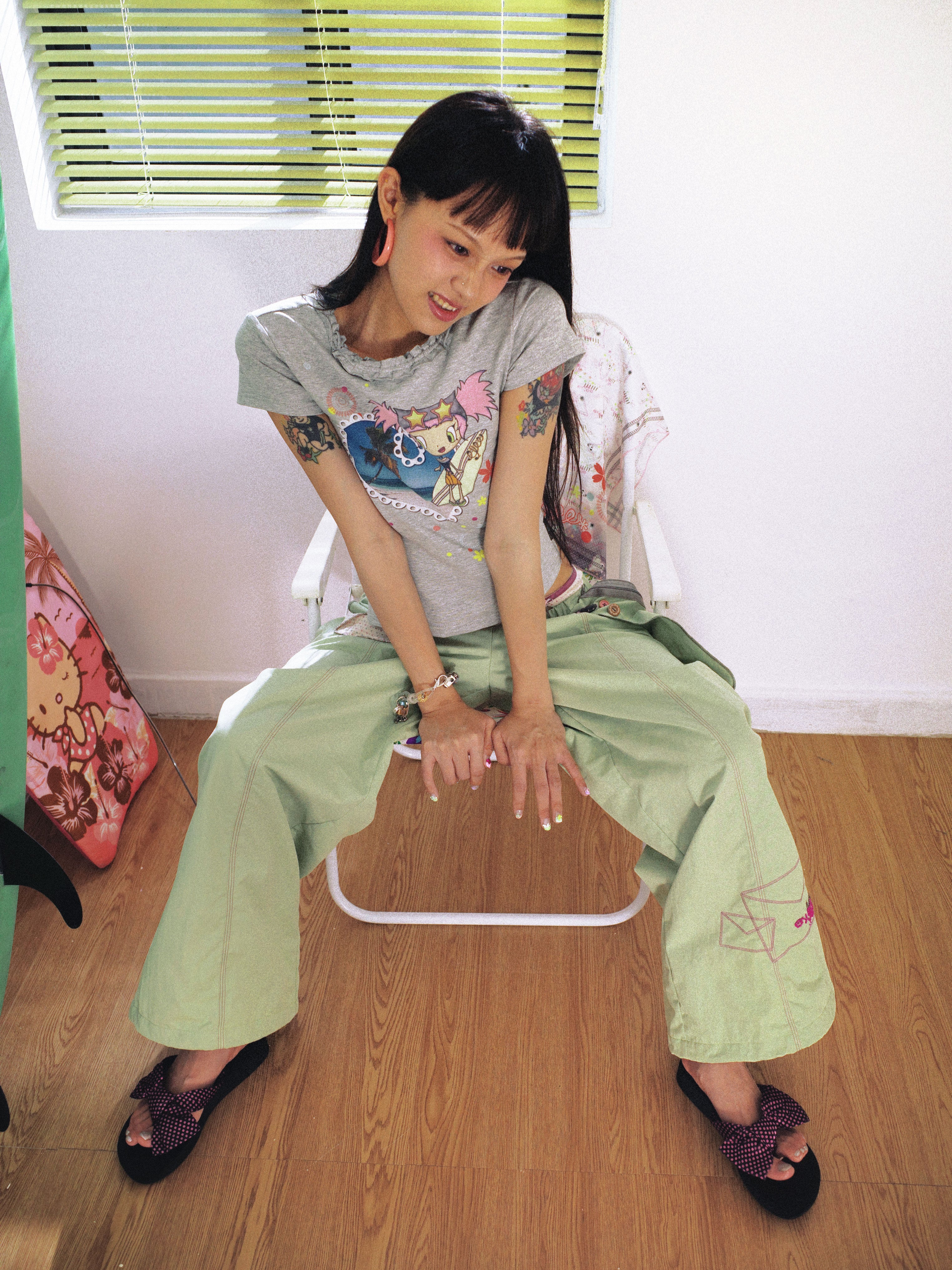 SassyLove 25SS Double-Waist Bead Embroidery Wide-Leg Pants