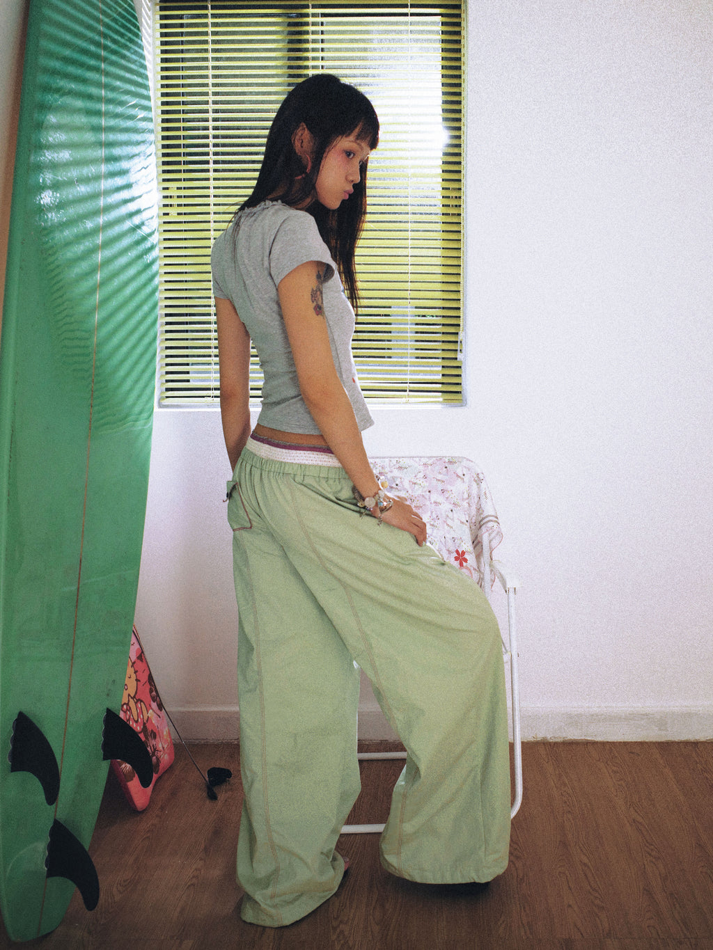 SassyLove 25SS Double-Waist Bead Embroidery Wide-Leg Pants