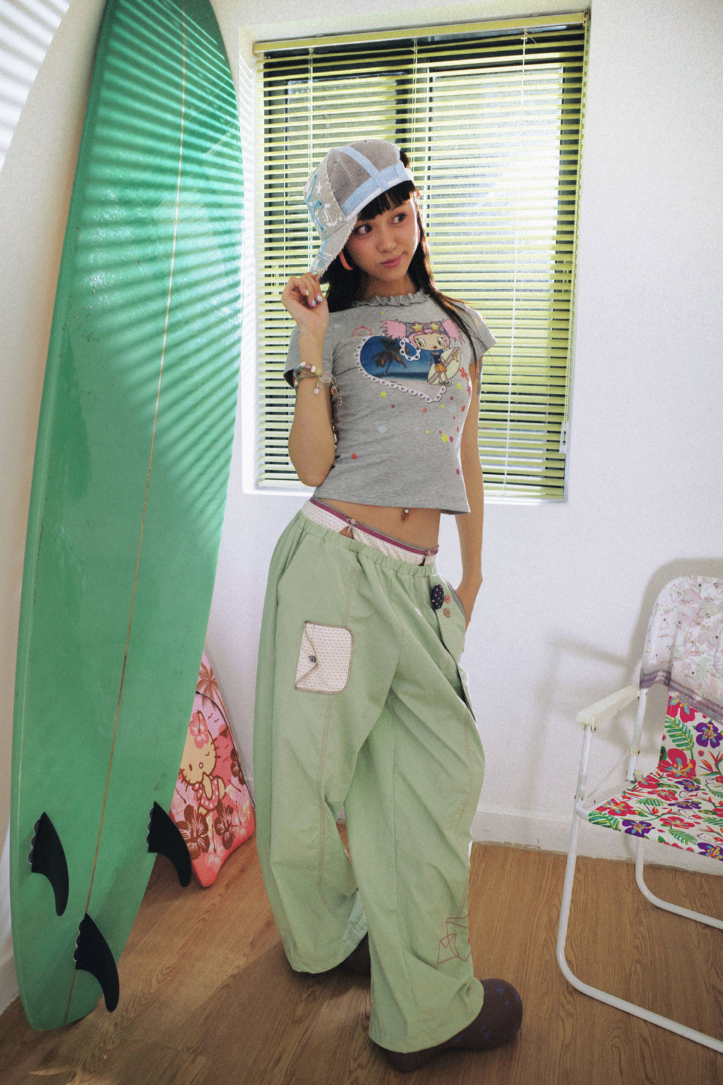 SassyLove 25SS Double-Waist Bead Embroidery Wide-Leg Pants