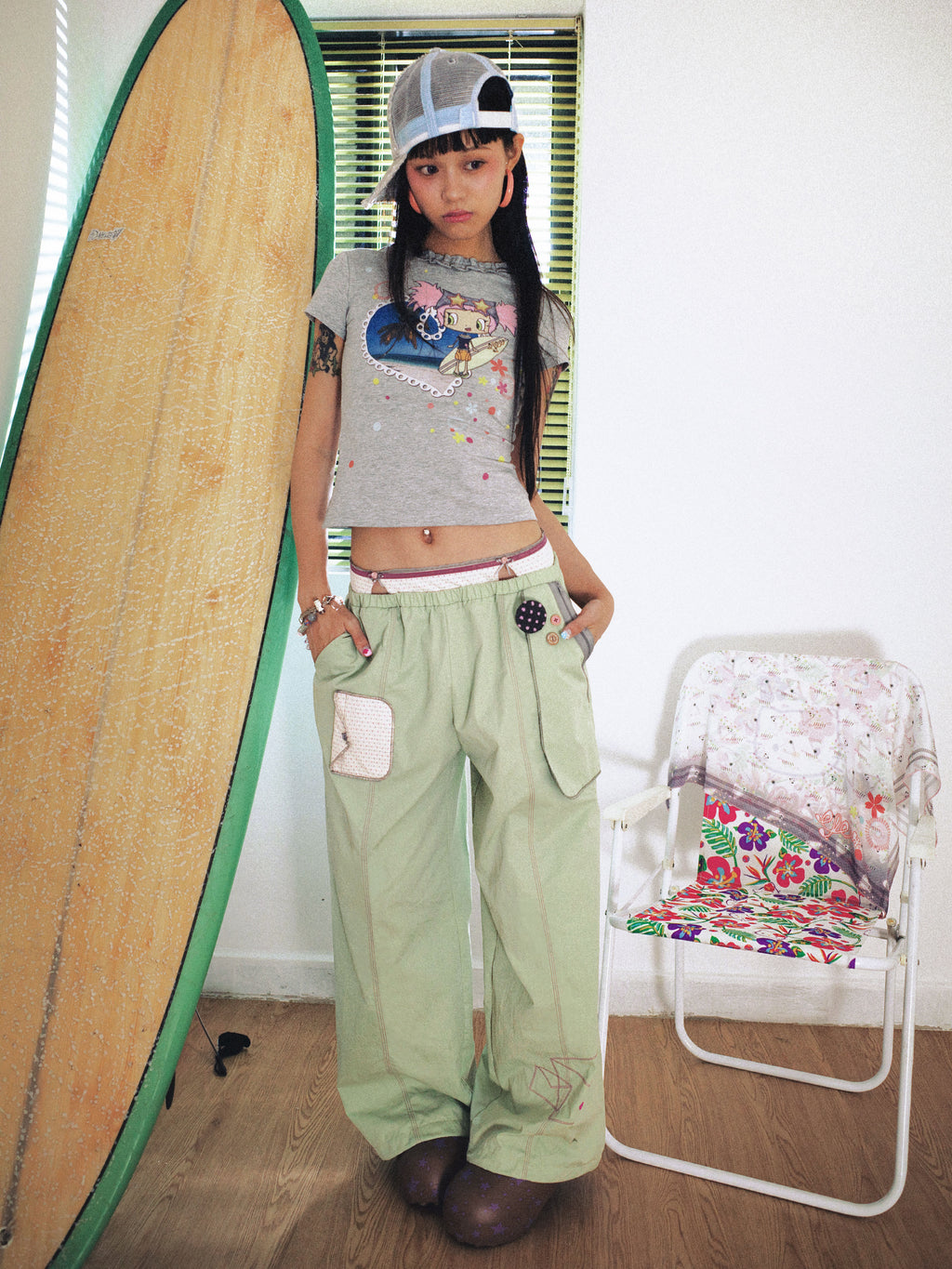 SassyLove 25SS Double-Waist Bead Embroidery Wide-Leg Pants