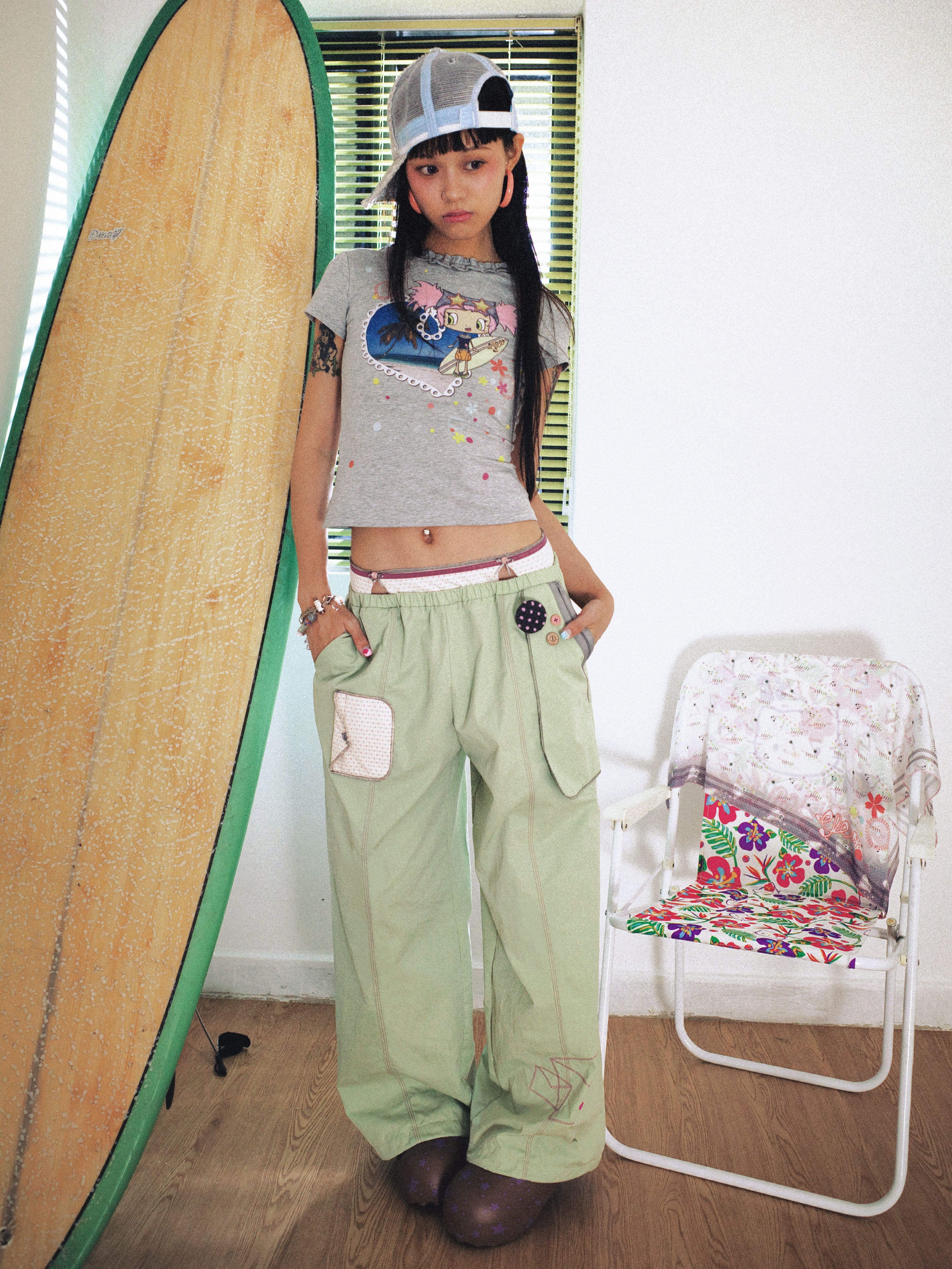 SassyLove 25SS Double-Waist Bead Embroidery Wide-Leg Pants