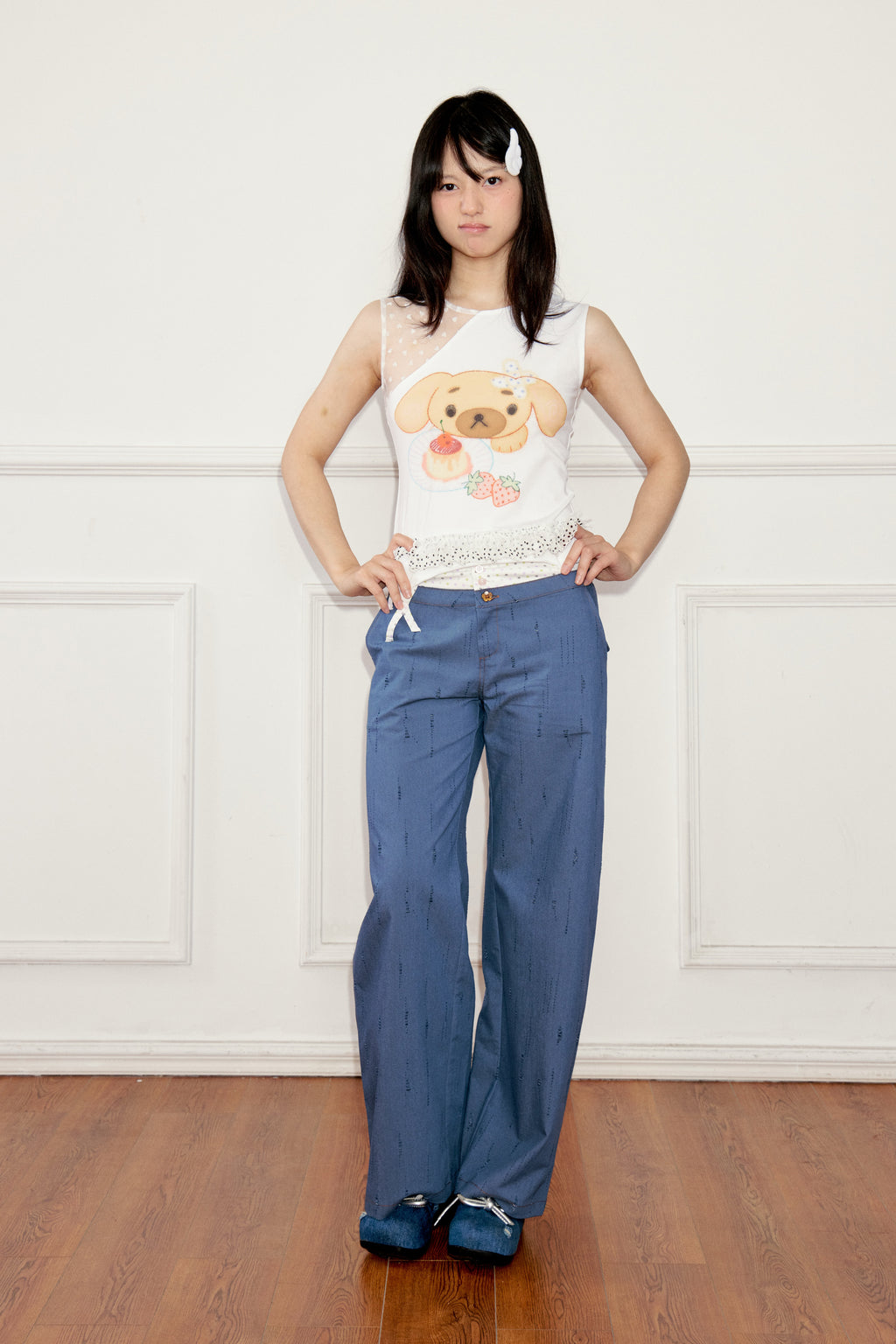 Ageha 25ss Blue Double-Waist Wide-Leg Pants
