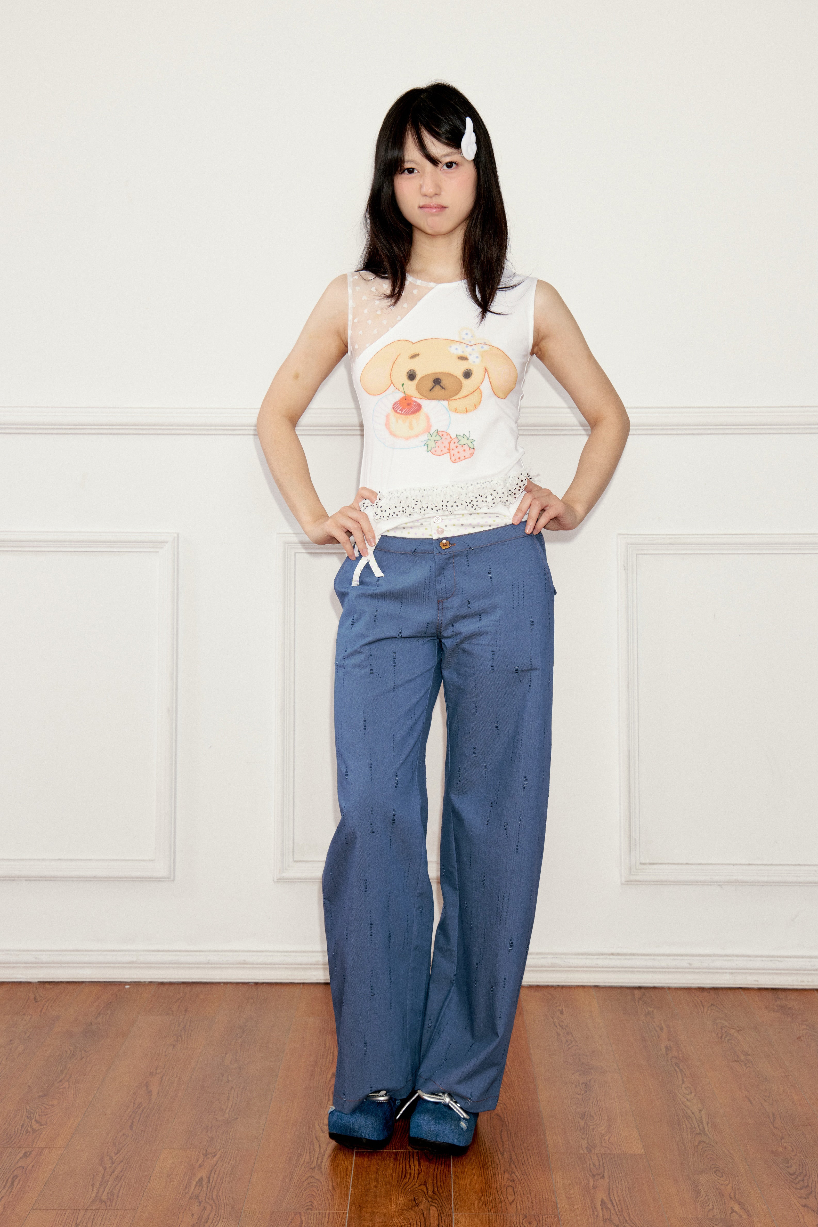 Ageha 25ss Blue Double-Waist Wide-Leg Pants