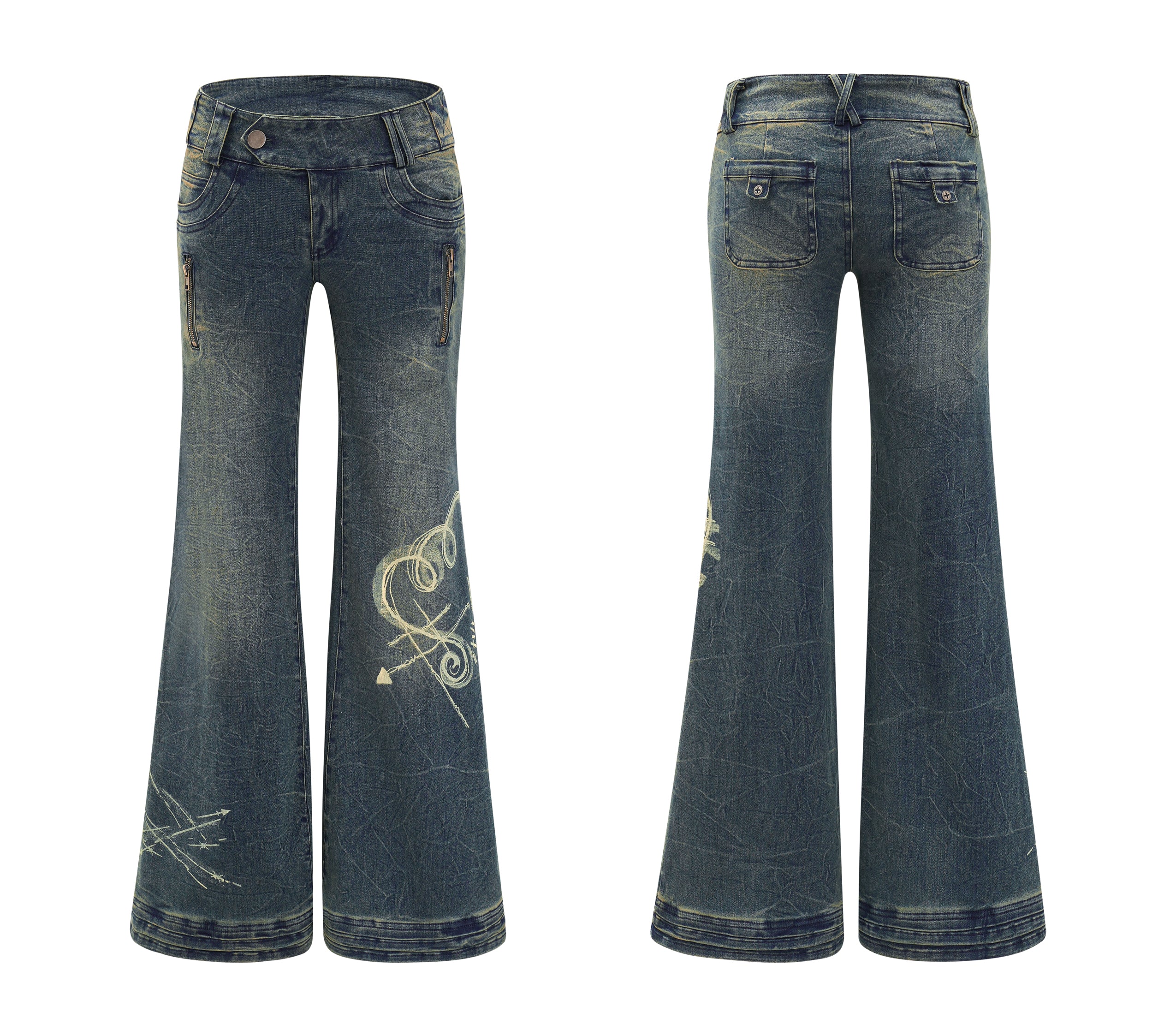 SassyLove Vintage Heart Print Washed Low-Rise Flare Jeans