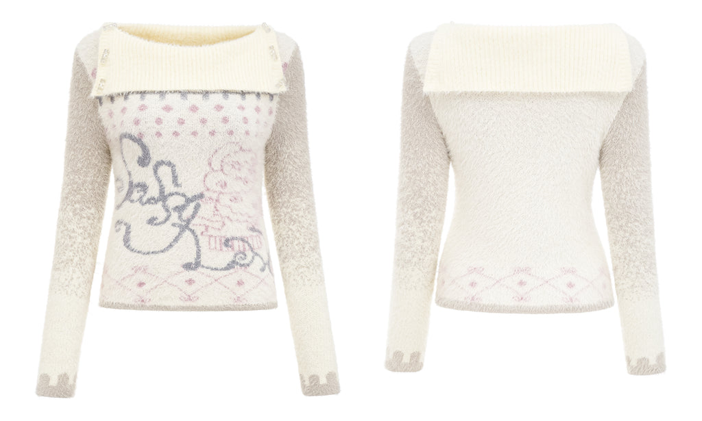 SassyLove Cream Graphic Print Faux Mink Knit Sweater