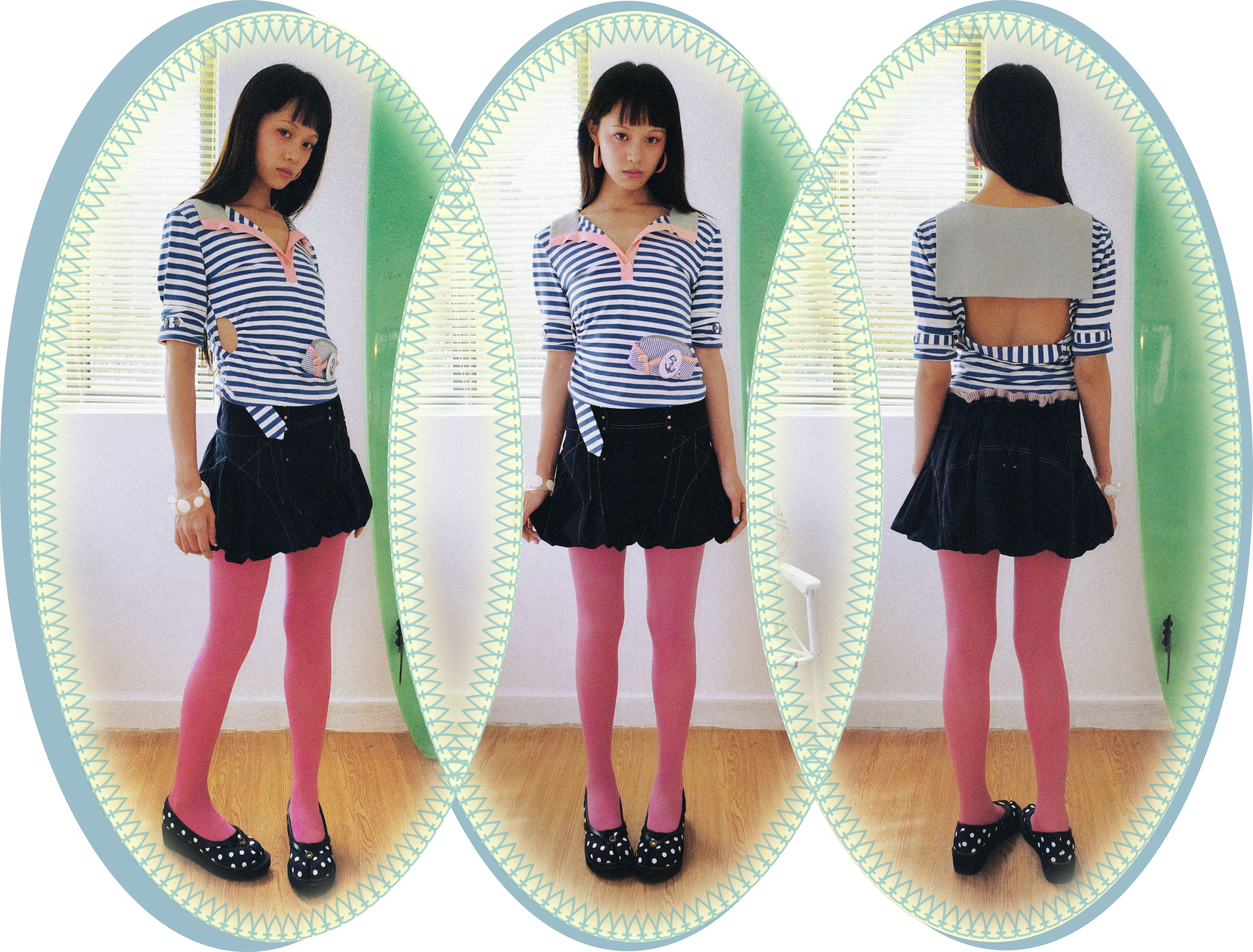 SassyLove 25SS Navy Topstitched Flouncy Bloomer Short Skirt