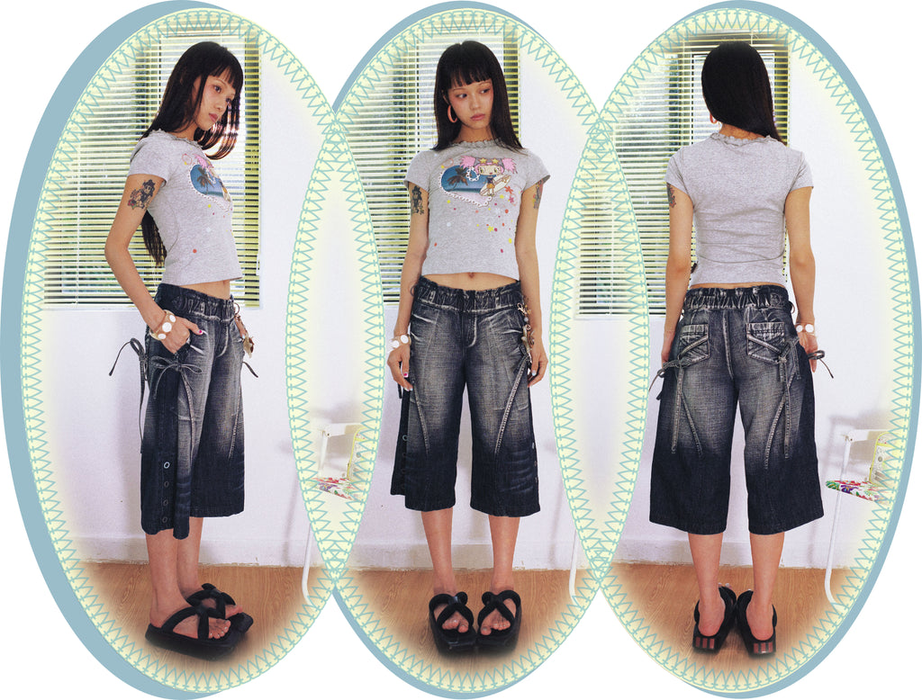 SassyLove 25SS Navy Crinkle-Waist Bow Tie Side-Button Capri Jeans