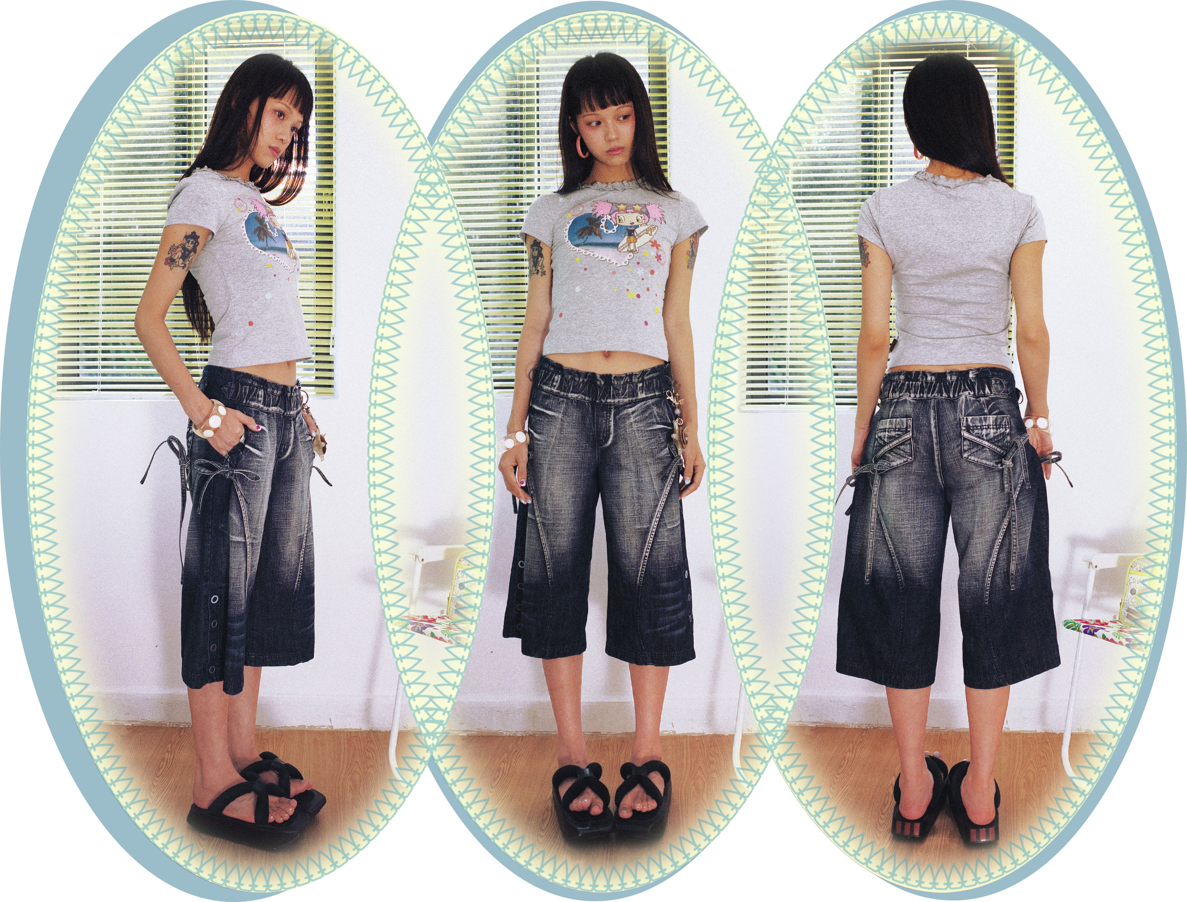 SassyLove 25SS Navy Crinkle-Waist Bow Tie Side-Button Capri Jeans