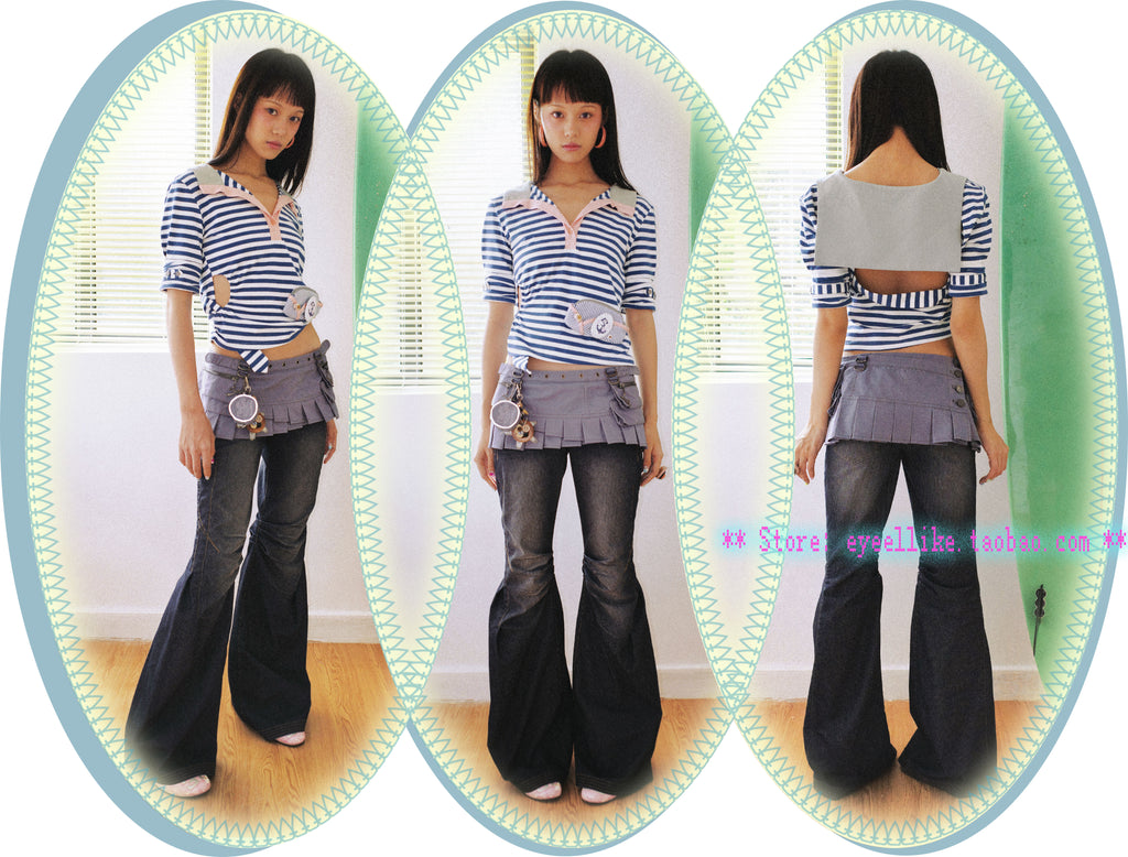 SassyLove 25SS Navy Blue Sailor Collar Cut-Out T-shirt