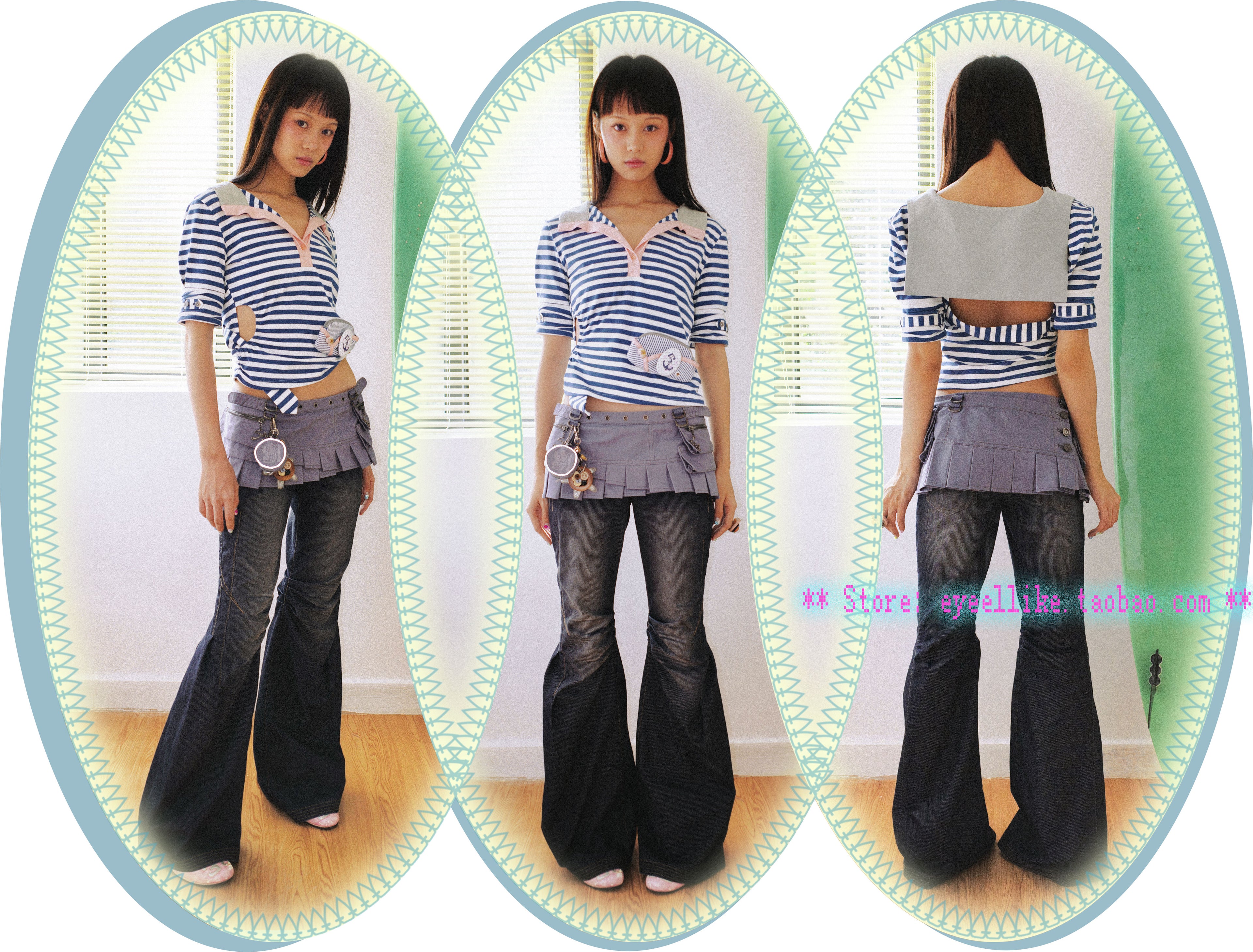 SassyLove 25SS Navy Blue Sailor Collar Cut-Out T-shirt