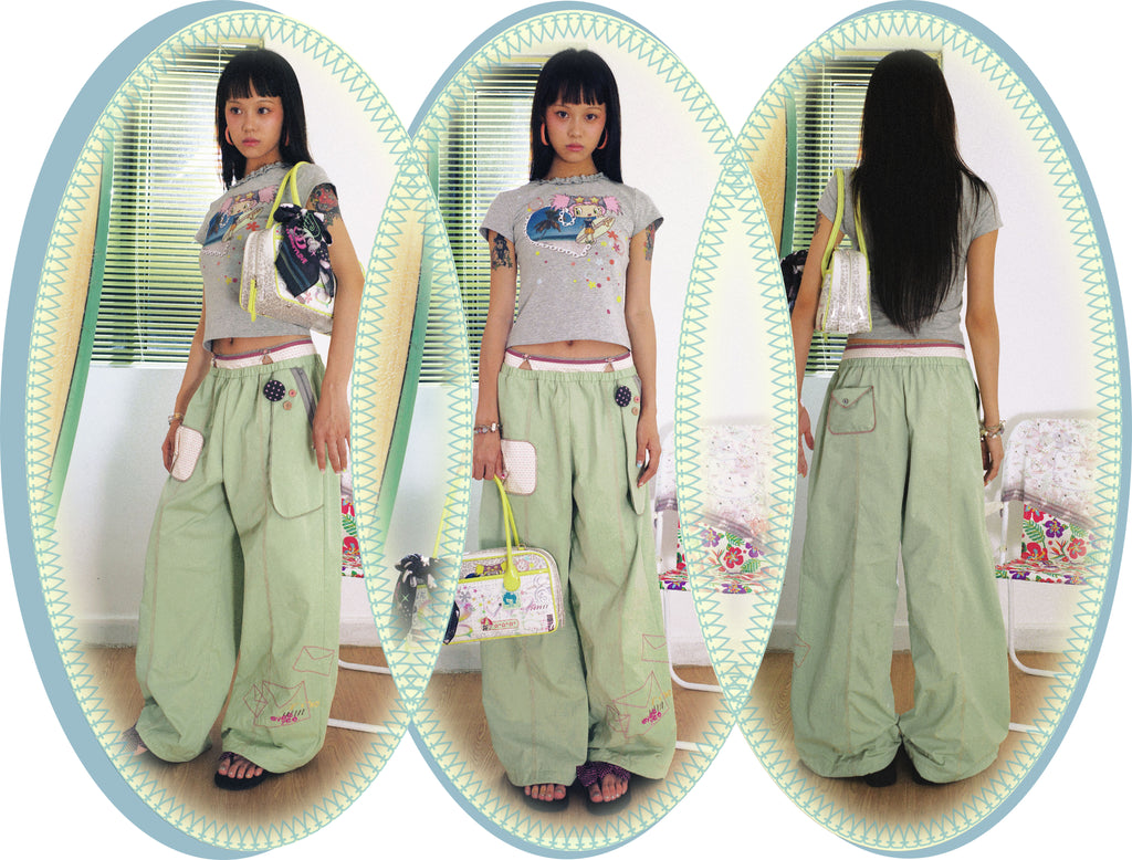 SassyLove 25SS Double-Waist Bead Embroidery Wide-Leg Pants