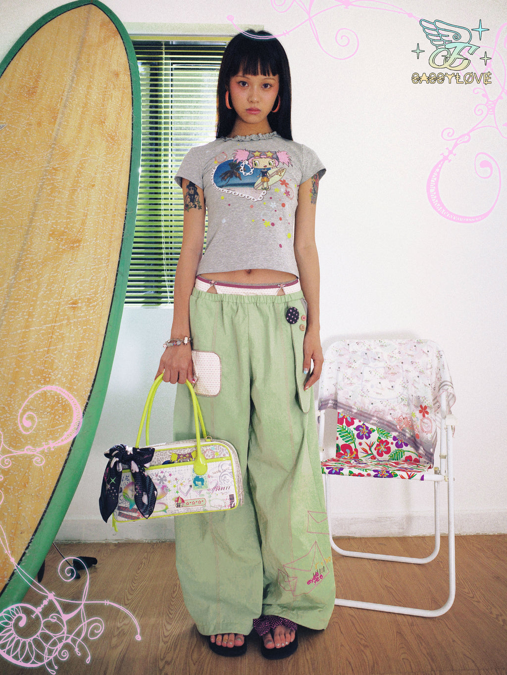 SassyLove 25SS Lace Collar "Island Babe" Print Graphic T-shirt